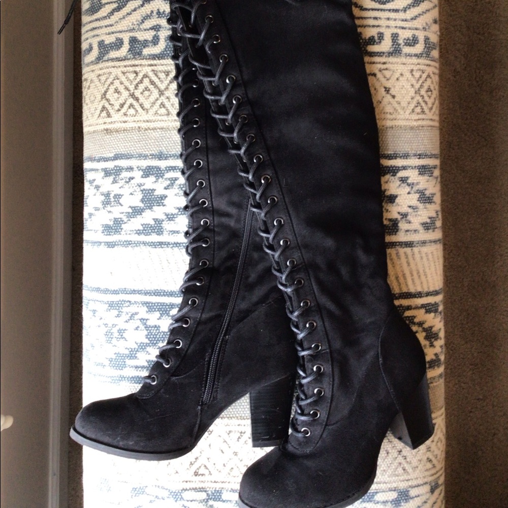 TOP Moda Black Lace Up Thigh High Over the Knee Boots with Zippers & Heels 6